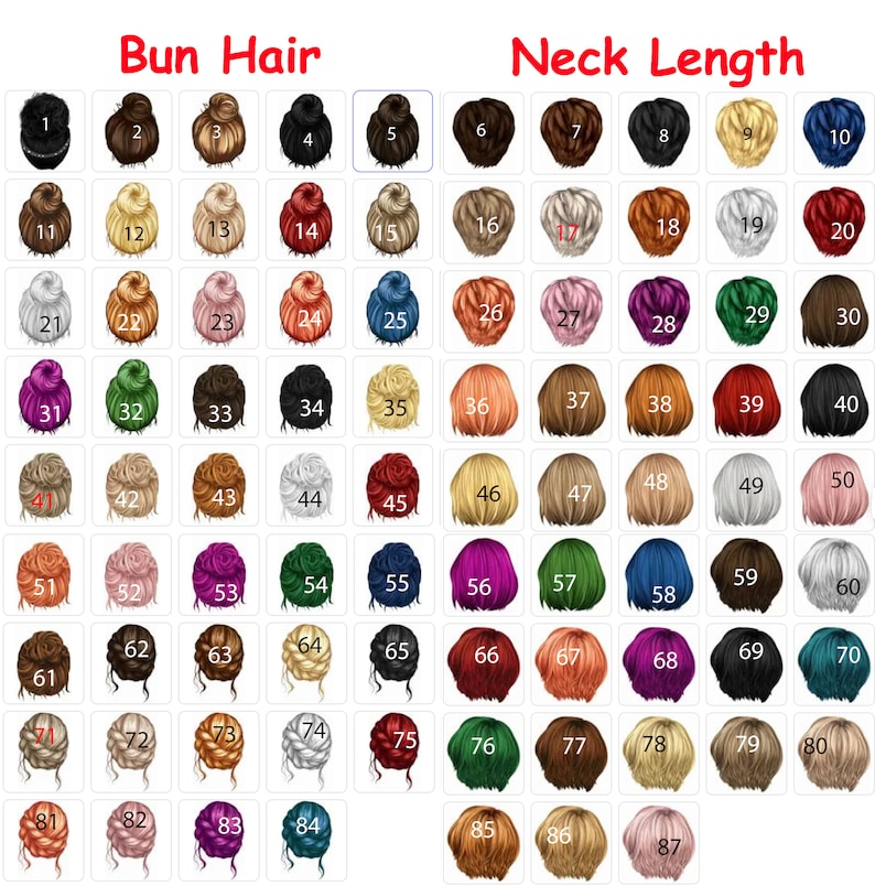 May include: A grid of 87 illustrations of various hairstyles and hair colors, labeled "Bun Hair" and "Neck Length." The illustrations include different bun styles and hair colors ranging from black to blonde, with numbers assigned to each style.