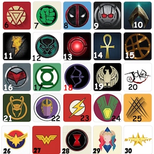 May include: A collection of 35 square icons featuring various superhero and comic book symbols. The icons are set against a variety of colored backgrounds, showcasing logos like Superman's 'S', Spider-Man's spider, and Captain America's shield.