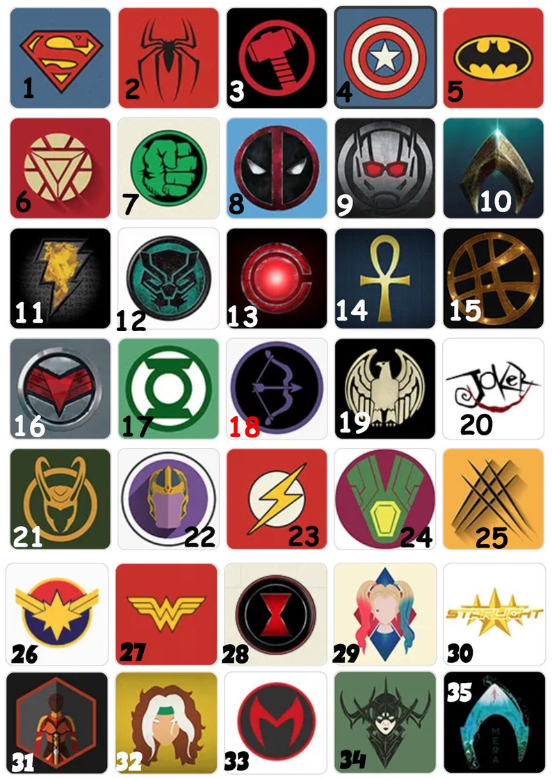 May include: A collection of 35 square icons featuring various superhero and comic book symbols. The icons are set against a variety of colored backgrounds, showcasing logos like Superman's 'S', Spider-Man's spider, and Captain America's shield.