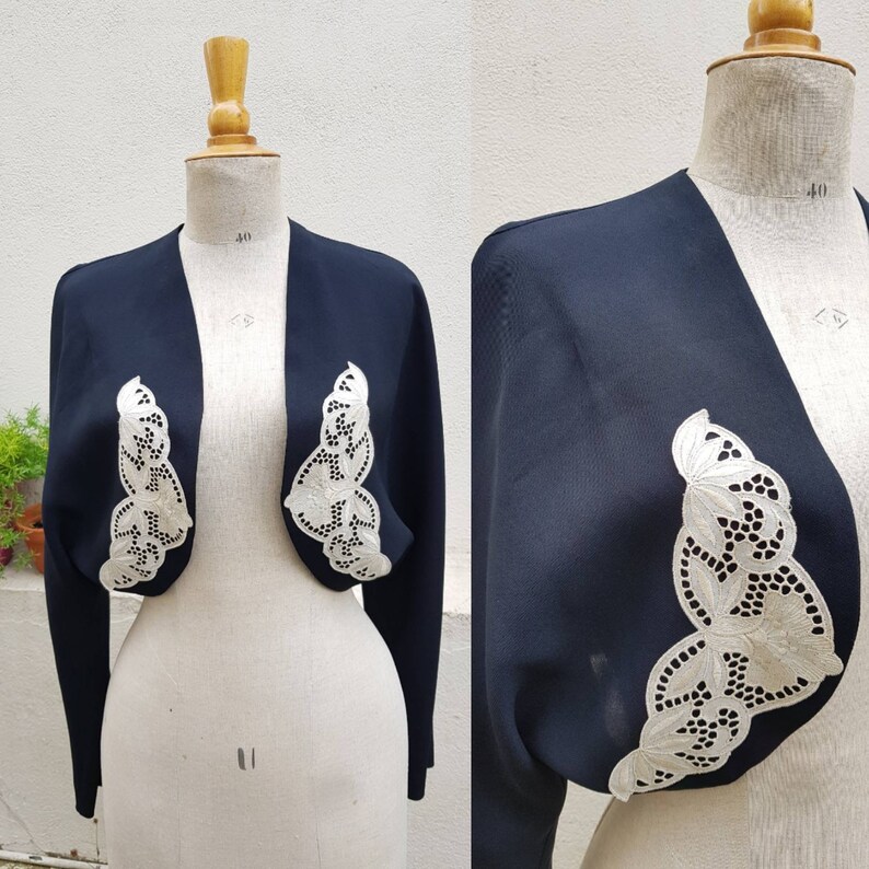 Black and white vintage jacket with guipure lace jacket style and open vest cut spencer