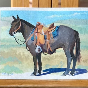 Horse painting | 5x7 inches | original gouache painting of a horse in western saddle | original watercolor horse painting