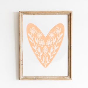 Coeur floral | oeuvres d'art murales | téléchargement numérique | Carte imprimable | oeuvre d'art pour chambre de bébé | décor neutre heureux | orange pêche | dessin paisible
