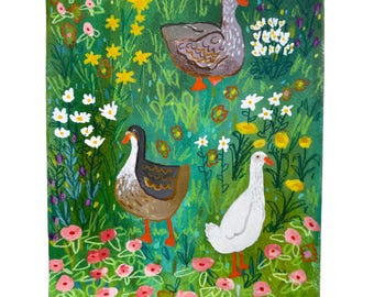 Original Gouache Painting, Ducks in Flower Meadow, 11x14 Inches, Unframed