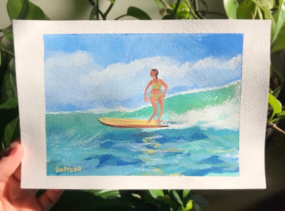 Surfer Girl Acrylic Painting: Original Ocean Wave Art (5x7 Inch