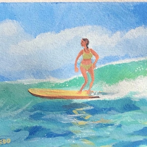 Surfer meisje acryl schilderij 5 x 7 inch | origineel acryl schilderij van een meisje dat op golven surft