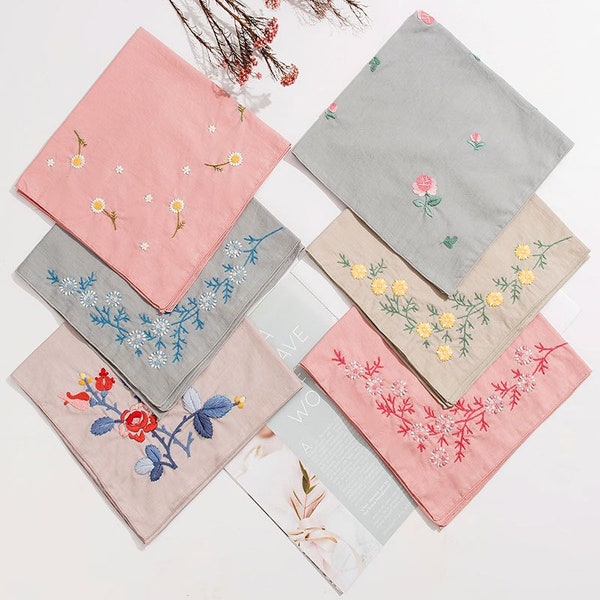 Handkerchief embroidery kit for beginner floral embroidery pattern 50cm square cotton fabric eco friendly gift for her/him