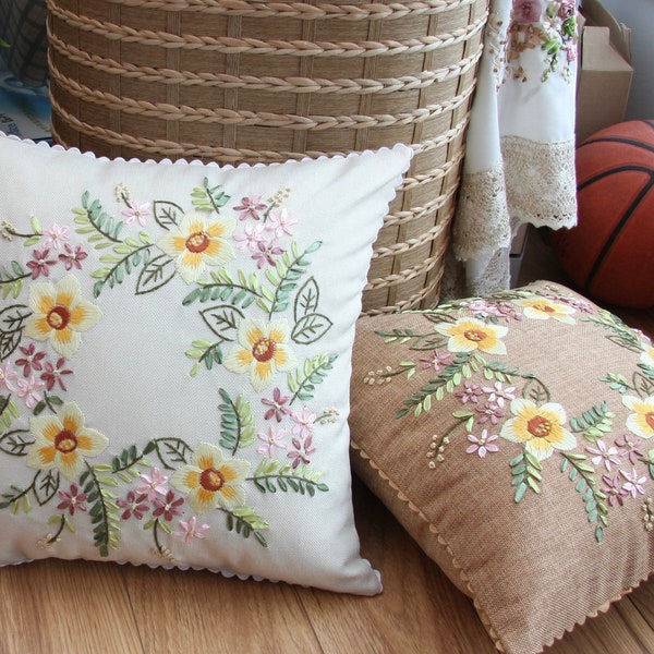 Cushion cover diy ribbon embroidery kit 45cm pillow case cross stitch floral pattern for beginner vintage needlepoint craft kit for adult