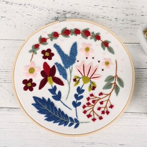 Floral Embroidery Kit: Red Berries, White Lotus, DIY Needlepoint