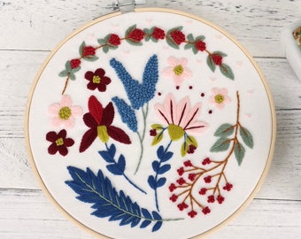 Floral embroidery kit red berries white lotus lilac cherry blossom March wreath needlepoint hoop easy pattern stitching DIY full set