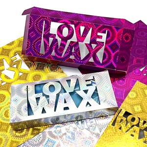 May include: Assortment of colorful boxes with a holographic finish. Each box has a cut-out design of the words "LOVE WAX" in a different color. The boxes are perfect for packaging small gifts or favors.