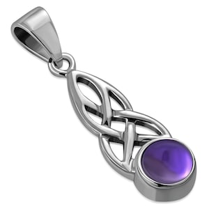 May include: A silver Celtic knot pendant with a purple gemstone. The pendant is shaped like a teardrop and has a detailed knot design.