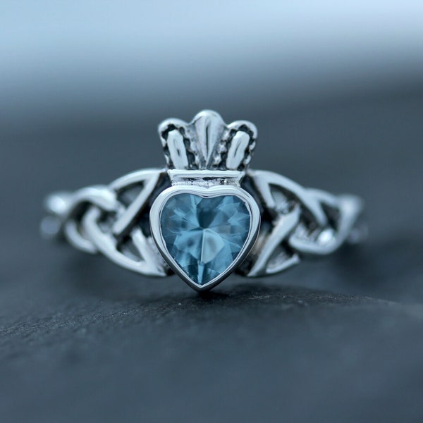 Claddagh Ring - Trinity Knot with Royal Crown Blue Zircon Heart - love friendship loyalty - 925 Sterling Silver - Irish Scottish jewellery