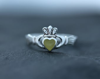 Claddagh Ring- Friendship, Love & Loyalty-Dainty Royal Crown with Scottish Marble - Hallmarked 925 Sterling Silver - Celtic Design Scotland