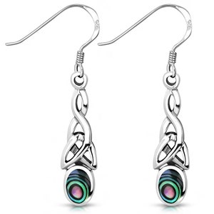 May include: Sterling silver earrings with a Celtic knot design and a round abalone shell inlay. The earrings have a hook closure.