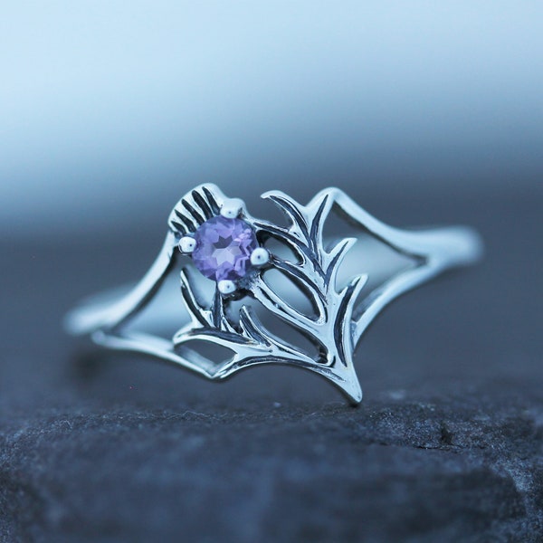 Schottischer Distel Ring - Schliff Amethyst - Stacheliges Blatt (Small) - Schottland Edinburgh Design - 925 Sterling Silber