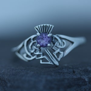 Scottish Thistle Ring - Hallmarked 925 Sterling Silver - Celtic Leaves with Cut Amethyst