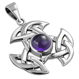 May include: A silver Celtic knot pendant featuring a purple amethyst gemstone in the centre.
