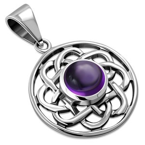 May include: Silver pendant featuring a purple amethyst gemstone set within a Celtic knot design.