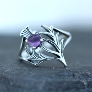 Scottish Thistle Ring - Spiky Leaf with Polished Amethyst (Large) - Hallmarked 925 Sterling Silver