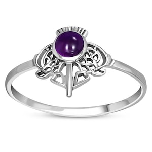 Scottish Thistle  Amethyst Ring- Small Jewelled Crown with Celtic Knot Leaves -Hallmarked 925 Sterling Silver - Scotland Edinburgh Design