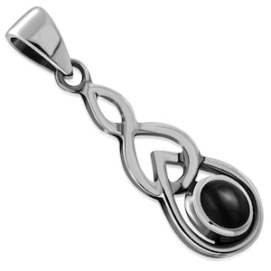 May include: A silver pendant featuring a black gemstone set within a Celtic knot design.