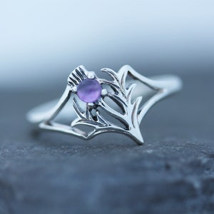 Scottish Thistle Ring Amethyst - Hallmarked 925 Sterling Silver -Spiky Leaf (Small)