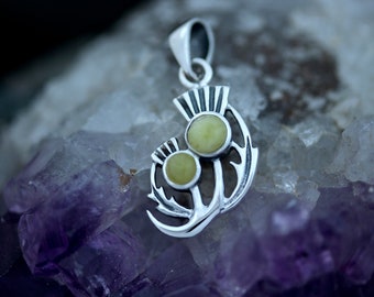 Scottish Thistle Pendant - Half Moon Leaves with Scottish Marble - Cut Amethyst - Hallmarked 925 Sterling Silver - Scotland Edinburgh Design