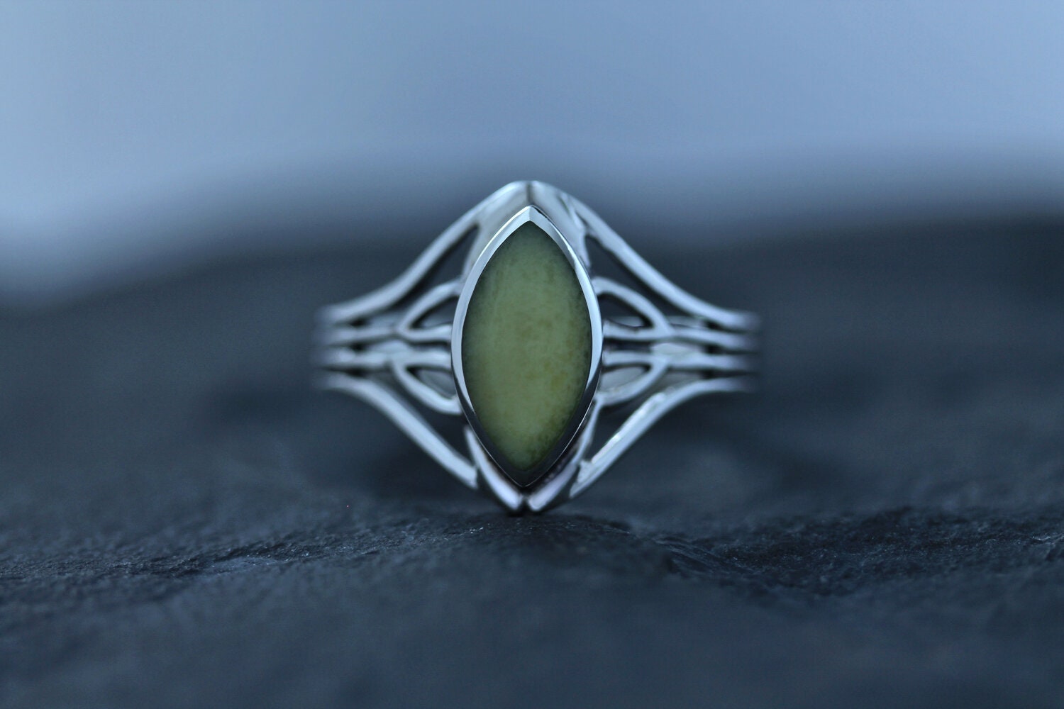 Scottish Marble Celtic Stone Ring - Diamond with Marquee Centre-Hand Picked Natural Stone-Hallmarked 925 Sterling Silver-With Love  Scotland