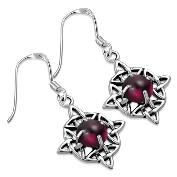 Orecchini con nodo celtico - Nodo Dara con granato rosso - Argento sterling 925 con marchio di garanzia - Edimburgo, Scozia - Italia