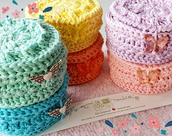 Crochet cotton storage baskets, including 8 of our facial scrubbies