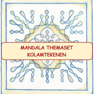 May include: A blue and yellow mandala design with the text "MANDALA THEMASET KOLAMTEKENEN" in a yellow rectangle.
