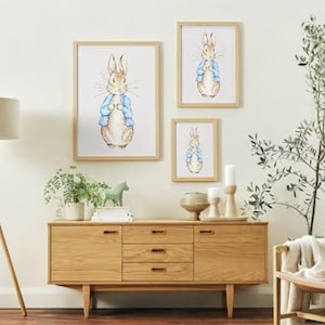 May include: Three framed illustrations of Peter Rabbit in a blue jacket, with the largest illustration in the center and two smaller illustrations on either side. The illustrations are on a white wall with a wooden dresser and a potted plant in the foreground.