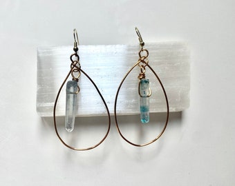 Blue aura quartz earrings, Crystal dangle earrings, Blue crystal earrings, Handmade crystal earrings, Aura quartz point, trend now, gift her