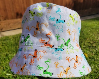 Frog Bucket Hat Summer Hat With Frogs Festival Hat Adults Frog Hat Toddler Frog Sun Hat Childs Frog Beach Hat Glow In The Dark Frogs