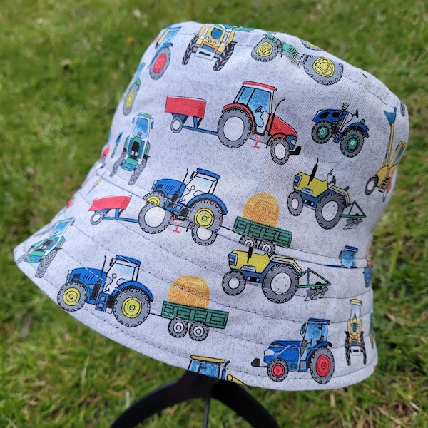 Personalised Boys Tractor Hat Summer Hat With Tractors For Kids Digger Hat Childrens Vehicles Cotton Bucket Hat Construction Hat Kids Name