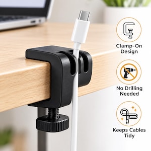 May include: A black plastic desk cable organiser clamp with a screw-tightening mechanism, featuring a vertical slot holding a white USB-C cable. The image includes text labels: Clamp-On Design, No Drilling Needed, and Keeps Cables Tidy.