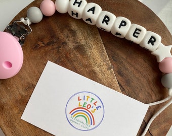 Personalised Customised Handmade Baby Name Dummy Pacifier Clip Chain Holder Silicone Grey Neutral White Wood