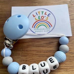 White blue grey personalised silicone dummy clip