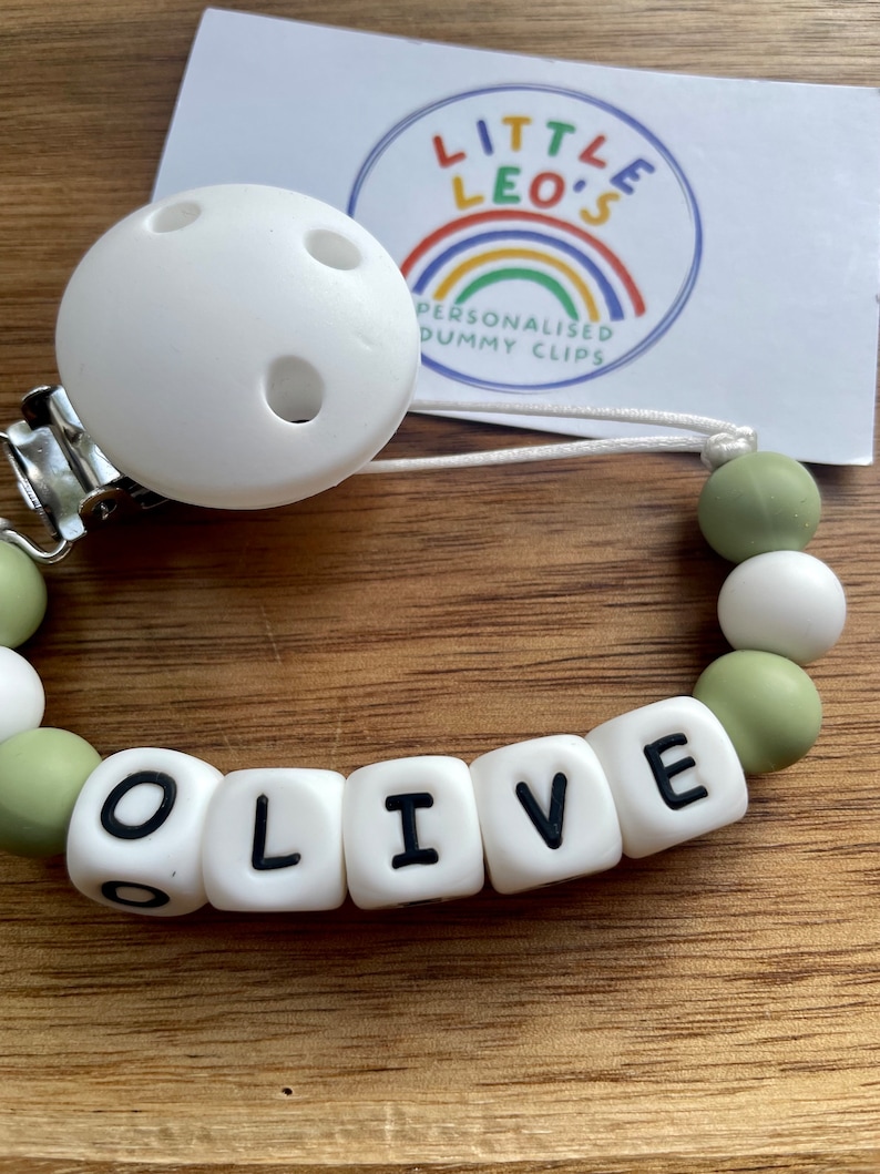 White olive grey personalised silicone dummy clip