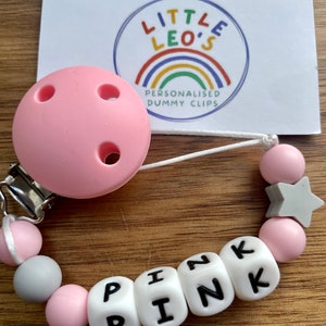 White pink grey personalised silicone dummy clip