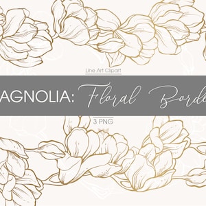 Gold Magnolia flower border and frame clipart. Floral line art PNG clipart. Botanical elegant wedding clipart
