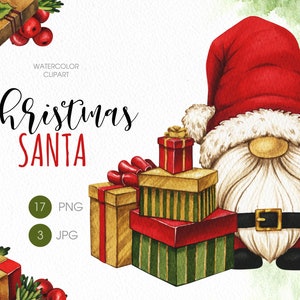 Santa Claus PNG clipart. Christmas gnome - Santa Claus cute watercolor clipart