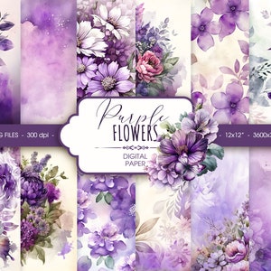 紫色の花のデジタルペーパー、抽象的な紫色の花の水彩画のウェディングスクラップブックペーパー