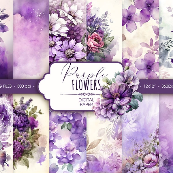 Purple floral digital paper, abstract purple flowers watercolor wedding scrapbook paper