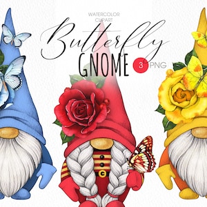 May include: Three watercolor gnomes with butterfly and flower accents. The gnomes are wearing blue, red, and yellow hats. The butterflies are blue, yellow, and orange. The flowers are blue, red, and yellow.