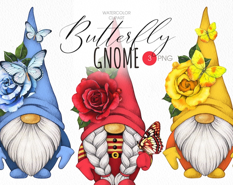 May include: Three watercolor gnomes with butterfly and flower accents. The gnomes are wearing blue, red, and yellow hats. The butterflies are blue, yellow, and orange. The flowers are blue, red, and yellow.