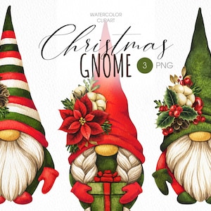 May include: Three watercolour Christmas gnomes with different festive hats. The gnome on the left has a red and green striped hat with a pine cone and berries. The gnome in the middle has a red hat with a poinsettia and white berries. The gnome on the right has a green hat with holly and white berries. Each gnome is holding a gift.