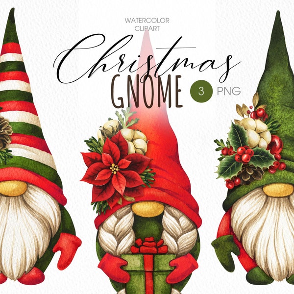Christmas gnomes PNG clipart. Christmas gnome cute watercolor clipart