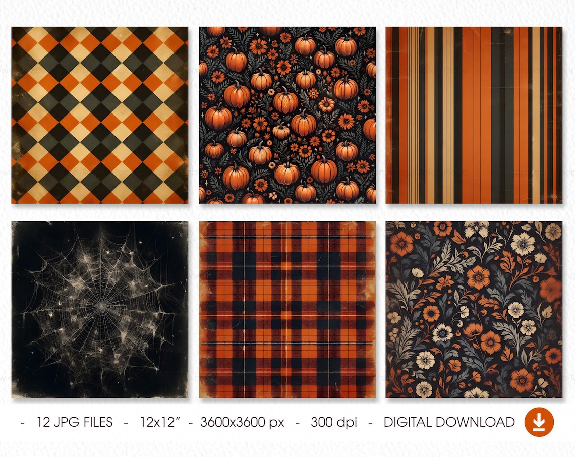 Vintage Halloween Digital Paper, Grunge Plaid Patterns (digital ...