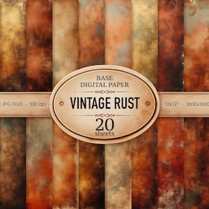 May include: Digital paper pack featuring 20 sheets with a vintage rust design. The color palette includes shades of brown, orange, and beige. The text on the image reads "VINTAGE RUST" and "20 sheets". Each sheet is 12x12 inches.